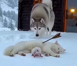 A0705012 kind Alaskan Malamute rescued kitten snow after its mother (Part 2)