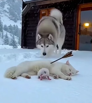 A0705012 kind Alaskan Malamute rescued kitten snow after its mother (Part 2)