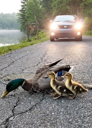 A0205012 Rescuing a mother wood duck trapped in a net by the roadside — her duckling waits nearby. (Part 2)
