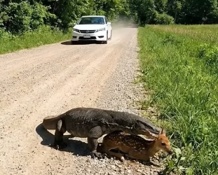 A0205018 A kind old man rescues a fawn from a dangerous lizard attack near the roadside (Part 2)