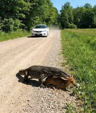 A0205018 A kind old man rescues a fawn from a dangerous lizard attack near the roadside (Part 2)