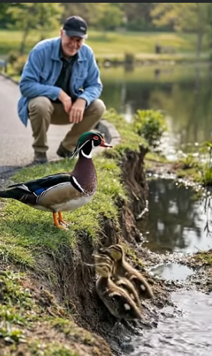 A0205005 A kind old man rescues ducklings trapped in a muddy hole, helping them reunite with their mother (Part 2)