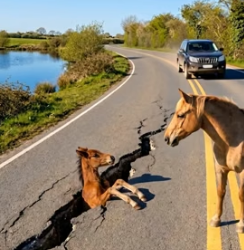 Y1105010 Heartwarming Act Woman Saves Baby Horse Stuck in Road Crack (Part 2)