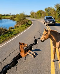 Y1105010 Heartwarming Act Woman Saves Baby Horse Stuck in Road Crack (Part 2)