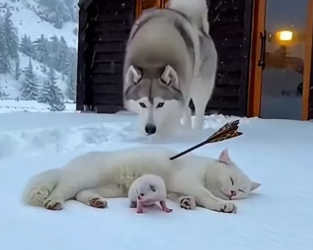 A0705012 kind Alaskan Malamute rescued kitten snow after its moth (Part 2)