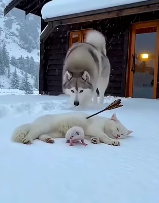 A0705012 kind Alaskan Malamute rescued kitten snow after its moth (Part 2)