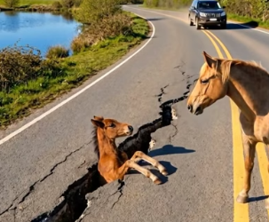 Y0506009 Heartwarming Act_ Woman Saves a Baby Horse Stuck in a Road Crack (Part 2)