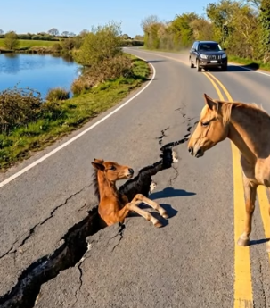 Y0506009 Heartwarming Act_ Woman Saves a Baby Horse Stuck in a Road Crack (Part 2)