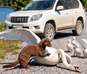 Y0506010  A mother swan was cornered on the roadside, bitten and harassed by a weasel, too weakened to defend_part2