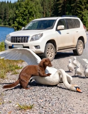 Y0506010  A mother swan was cornered on the roadside, bitten and harassed by a weasel, too weakened to defend_part2